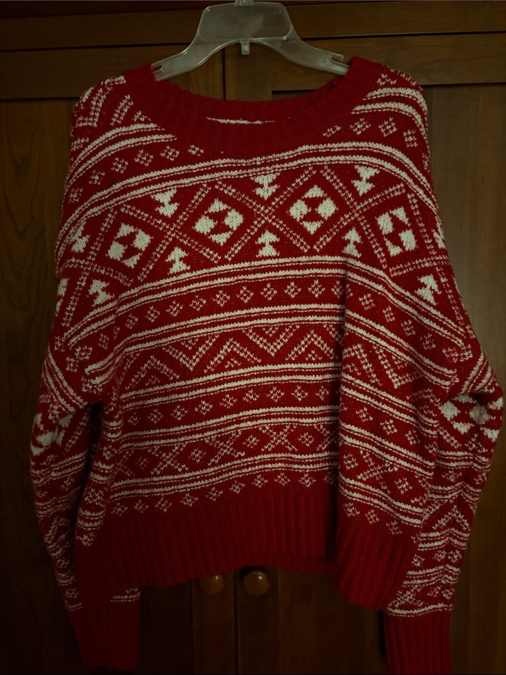 American Eagle Outfitters Red and White Fair Isle Crewneck Sweater